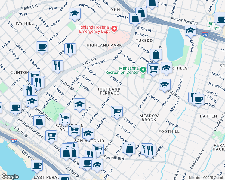 map of restaurants, bars, coffee shops, grocery stores, and more near 2337 21st Avenue in Oakland
