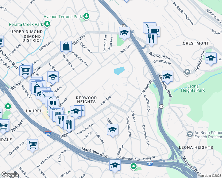 map of restaurants, bars, coffee shops, grocery stores, and more near 4111 Harbor View Avenue in Oakland