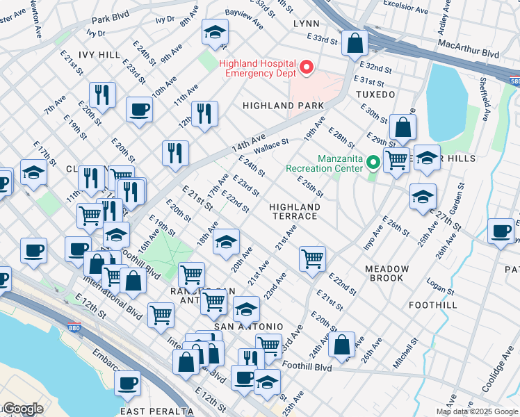 map of restaurants, bars, coffee shops, grocery stores, and more near 2218 19th Avenue in Oakland