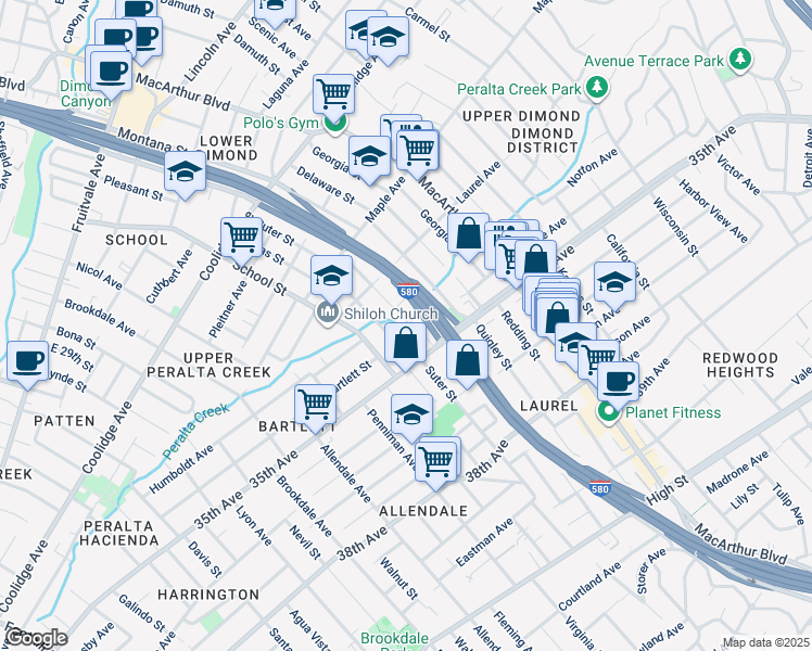map of restaurants, bars, coffee shops, grocery stores, and more near 3385 Arkansas Street in Oakland