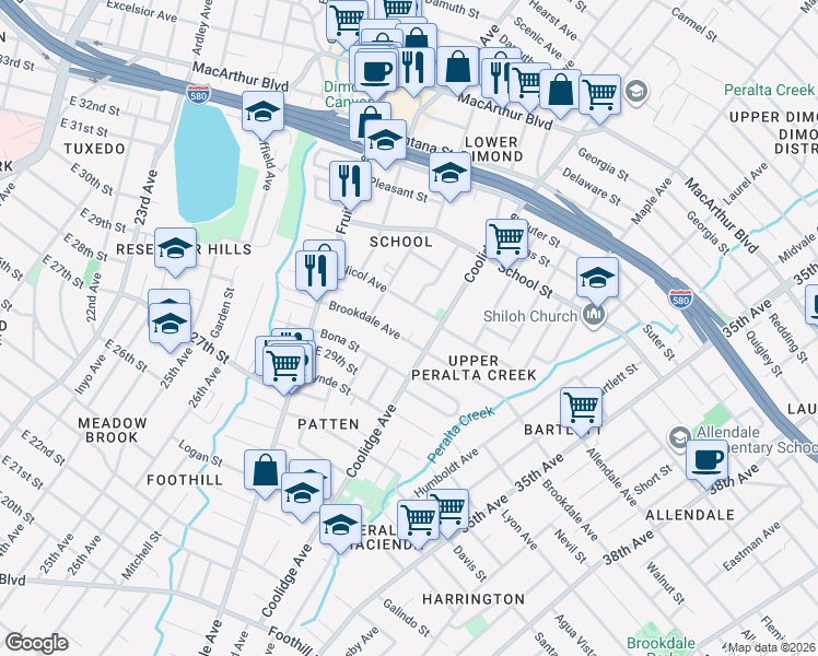 map of restaurants, bars, coffee shops, grocery stores, and more near 3004 Brookdale Avenue in Oakland