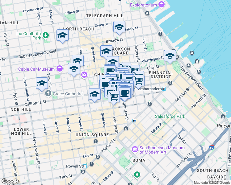 map of restaurants, bars, coffee shops, grocery stores, and more near 555 California Street in San Francisco