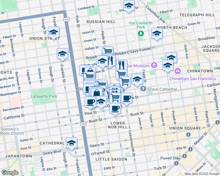 map of restaurants, bars, coffee shops, grocery stores, and more near 1251 Hyde Street in San Francisco