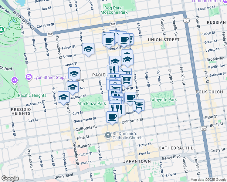 map of restaurants, bars, coffee shops, grocery stores, and more near 2501 Fillmore Street in San Francisco