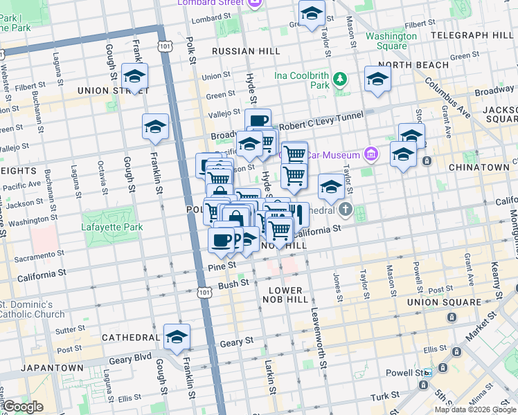 map of restaurants, bars, coffee shops, grocery stores, and more near 1547 Clay Street in San Francisco