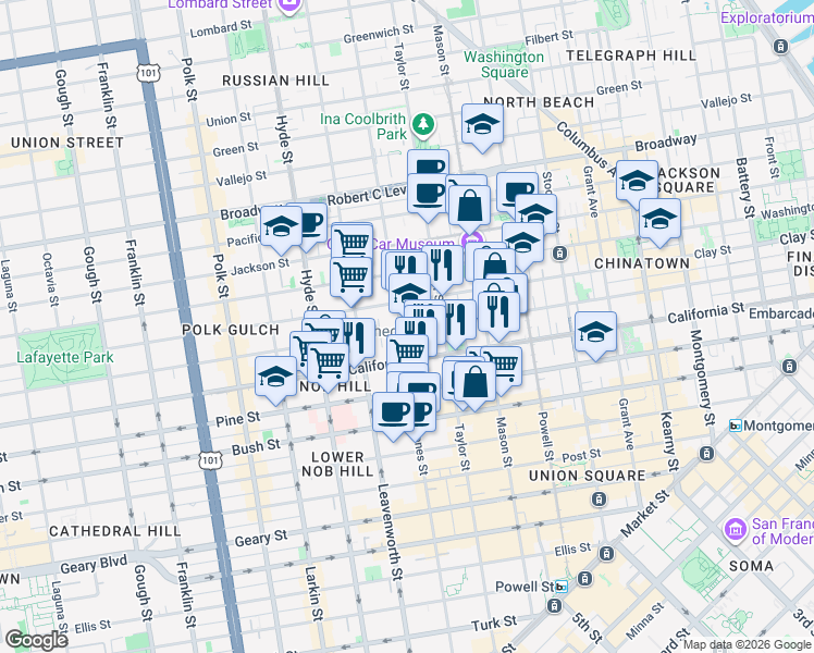 map of restaurants, bars, coffee shops, grocery stores, and more near 1298 Sacramento Street in San Francisco