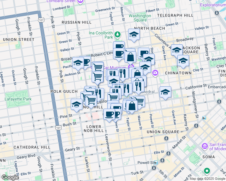 map of restaurants, bars, coffee shops, grocery stores, and more near 1250 Sacramento Street in San Francisco