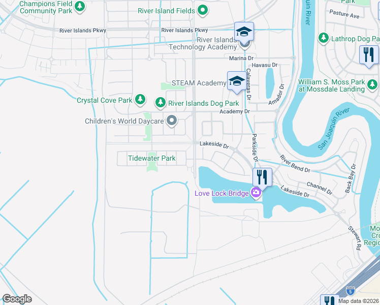 map of restaurants, bars, coffee shops, grocery stores, and more near 18448 Keswick Drive in Lathrop