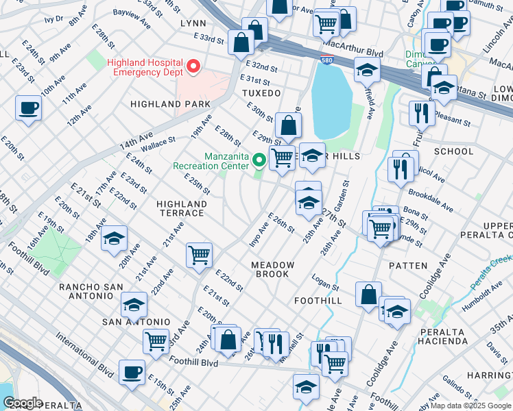 map of restaurants, bars, coffee shops, grocery stores, and more near 2611 23rd Avenue in Oakland