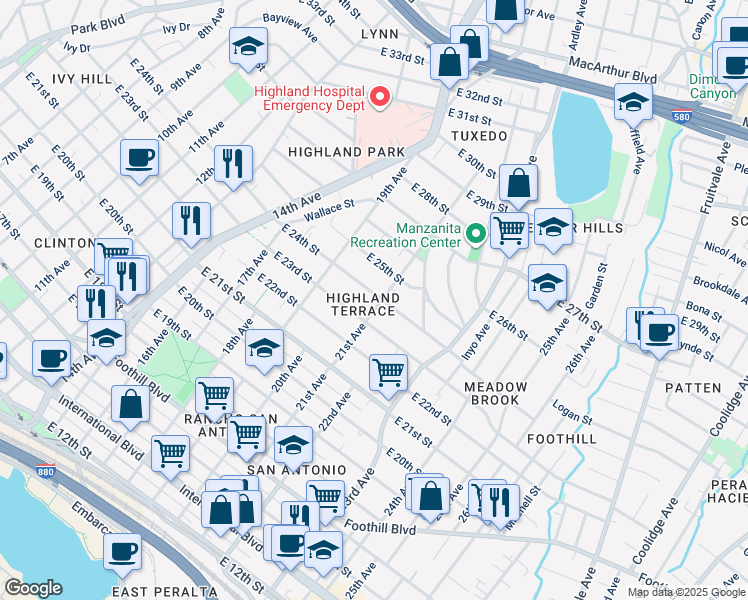 map of restaurants, bars, coffee shops, grocery stores, and more near 2337 21st Avenue in Oakland