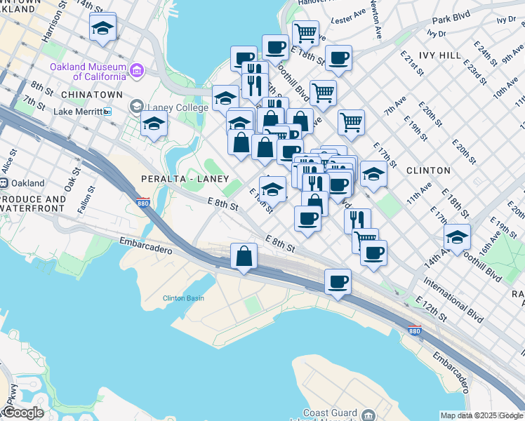 map of restaurants, bars, coffee shops, grocery stores, and more near 828 6th Avenue in Oakland