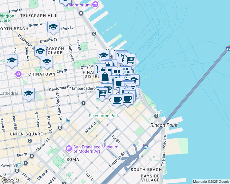 map of restaurants, bars, coffee shops, grocery stores, and more near 91 Spear Street in San Francisco