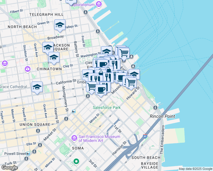 map of restaurants, bars, coffee shops, grocery stores, and more near 258 Mission Street in San Francisco