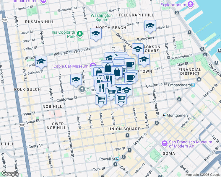 map of restaurants, bars, coffee shops, grocery stores, and more near in San Francisco