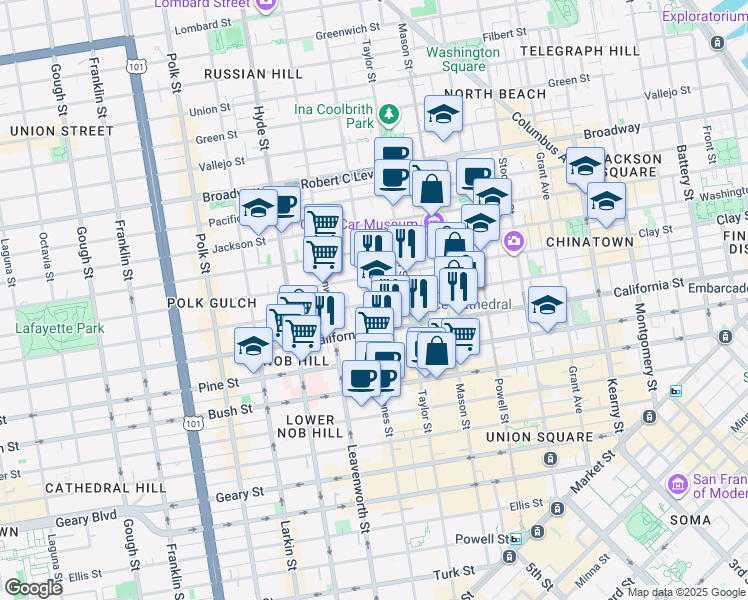 map of restaurants, bars, coffee shops, grocery stores, and more near 1250 Sacramento Street in San Francisco
