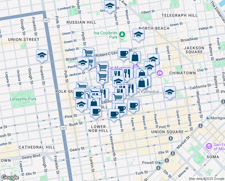 map of restaurants, bars, coffee shops, grocery stores, and more near 1324 Sacramento Street in San Francisco