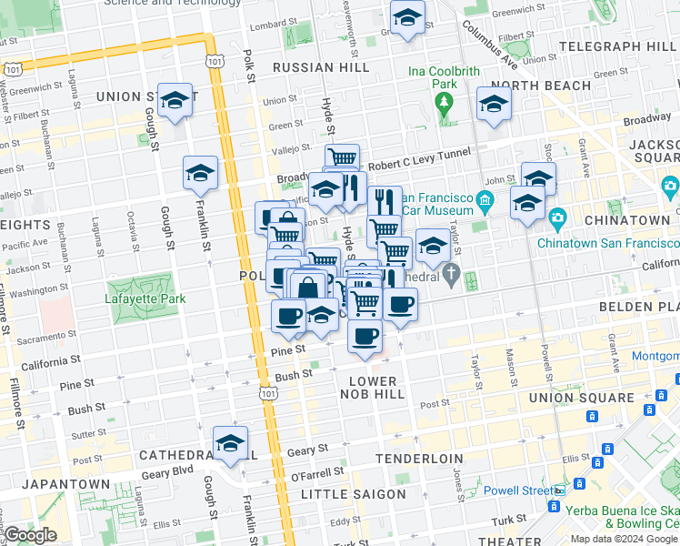 map of restaurants, bars, coffee shops, grocery stores, and more near in San Francisco