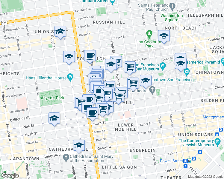 map of restaurants, bars, coffee shops, grocery stores, and more near 1565 Larkin Street in San Francisco