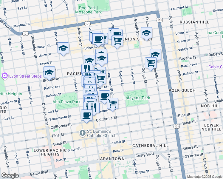 map of restaurants, bars, coffee shops, grocery stores, and more near 2439 Buchanan Street in San Francisco