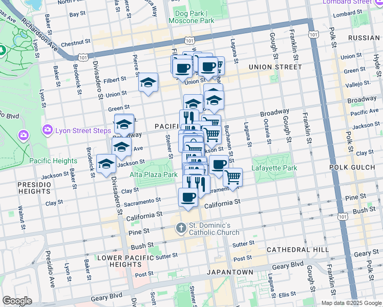 map of restaurants, bars, coffee shops, grocery stores, and more near 2380 Jackson Street in San Francisco