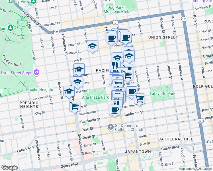 map of restaurants, bars, coffee shops, grocery stores, and more near 2442 Jackson Street in San Francisco