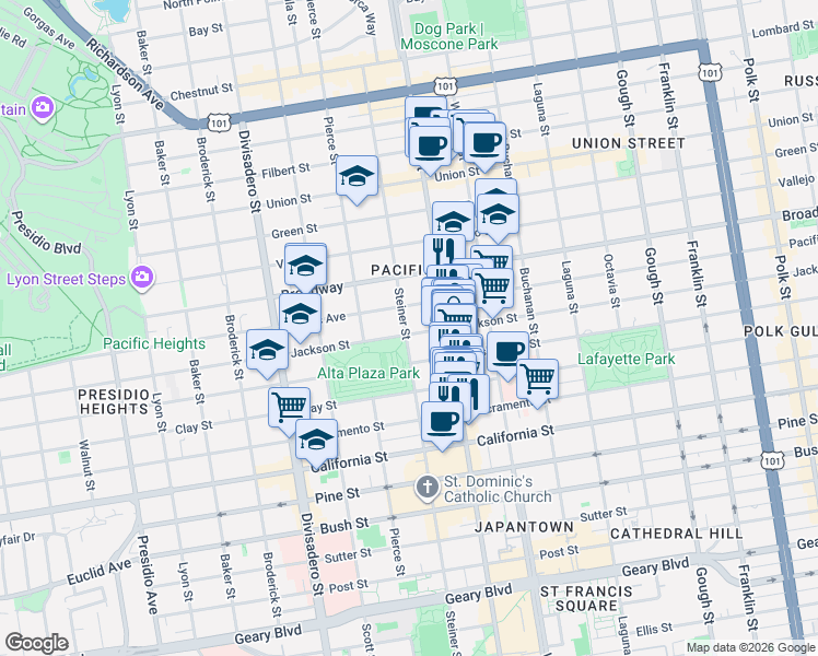 map of restaurants, bars, coffee shops, grocery stores, and more near 2442 Jackson Street in San Francisco