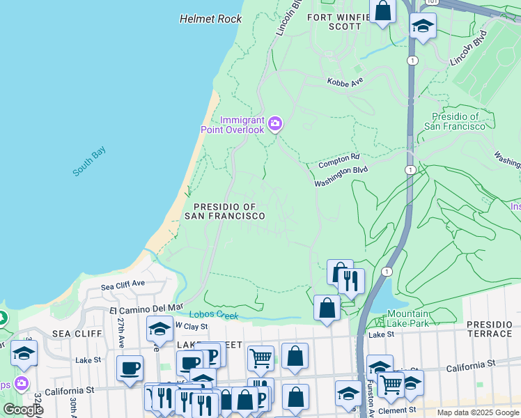 map of restaurants, bars, coffee shops, grocery stores, and more near 1585 Stilwell Road in San Francisco