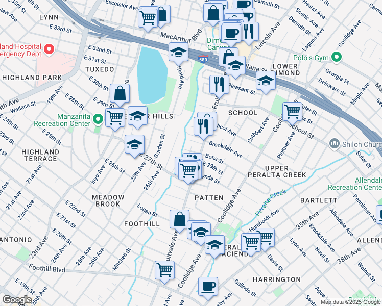map of restaurants, bars, coffee shops, grocery stores, and more near 2751 Bona Street in Oakland