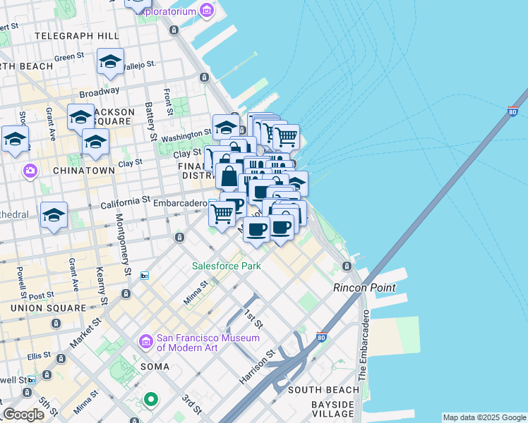 map of restaurants, bars, coffee shops, grocery stores, and more near 95 Mission Street in San Francisco