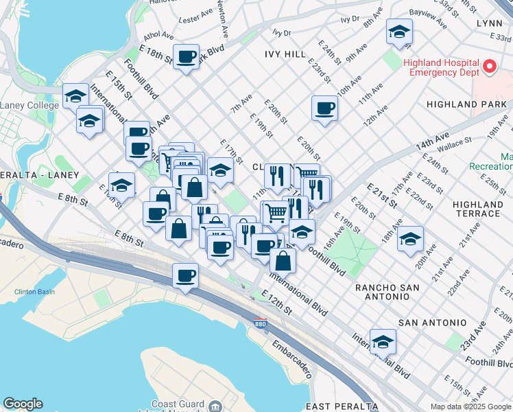 map of restaurants, bars, coffee shops, grocery stores, and more near 1101 Foothill Boulevard in Oakland