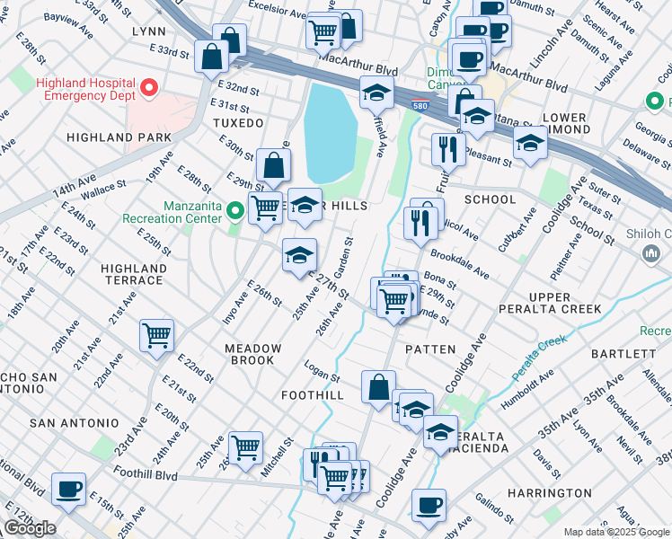 map of restaurants, bars, coffee shops, grocery stores, and more near 2727 Garden Street in Oakland