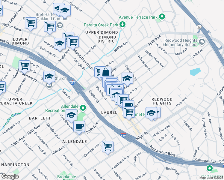 map of restaurants, bars, coffee shops, grocery stores, and more near 3600 Loma Vista Avenue in Oakland