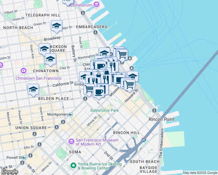 map of restaurants, bars, coffee shops, grocery stores, and more near 45 Main Street in San Francisco