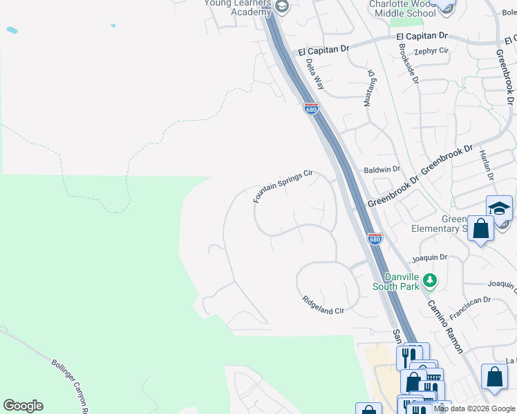 map of restaurants, bars, coffee shops, grocery stores, and more near 1405 Fountain Springs Circle in Danville