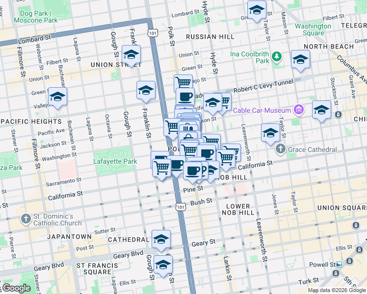 map of restaurants, bars, coffee shops, grocery stores, and more near in San Francisco