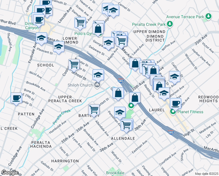 map of restaurants, bars, coffee shops, grocery stores, and more near 3361 Suter Street in Oakland