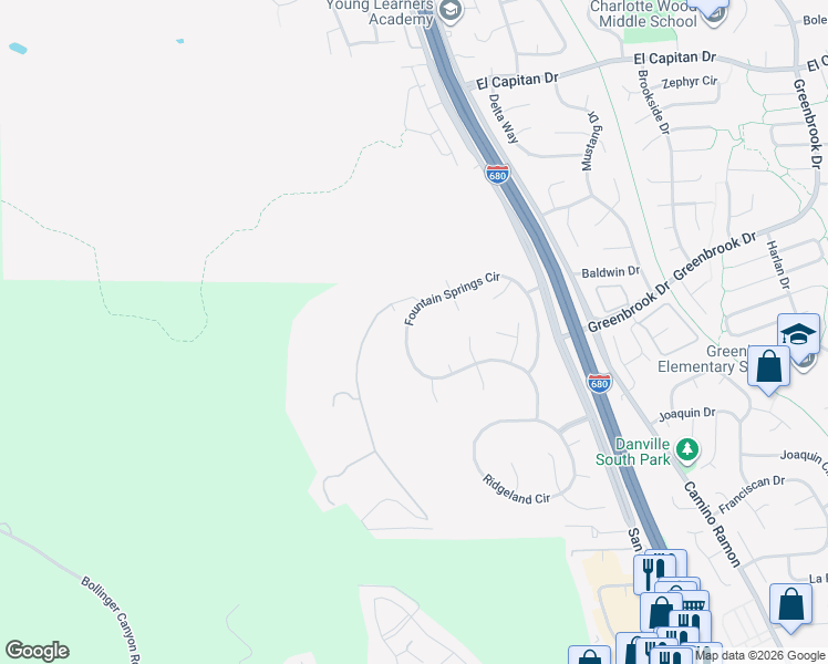 map of restaurants, bars, coffee shops, grocery stores, and more near 1405 Fountain Springs Circle in Danville