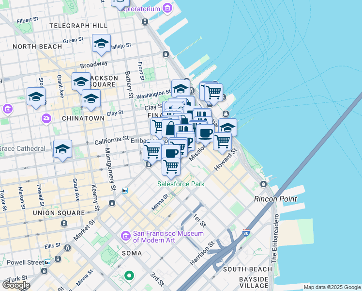 map of restaurants, bars, coffee shops, grocery stores, and more near 245 Market Street in San Francisco