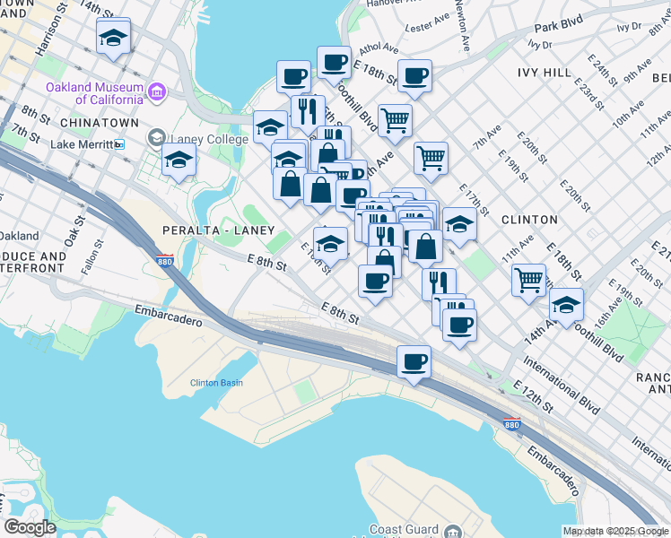 map of restaurants, bars, coffee shops, grocery stores, and more near 1026 7th Avenue in Oakland