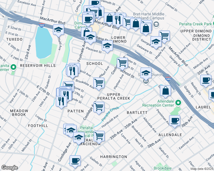 map of restaurants, bars, coffee shops, grocery stores, and more near 3100 Coolidge Avenue in Oakland