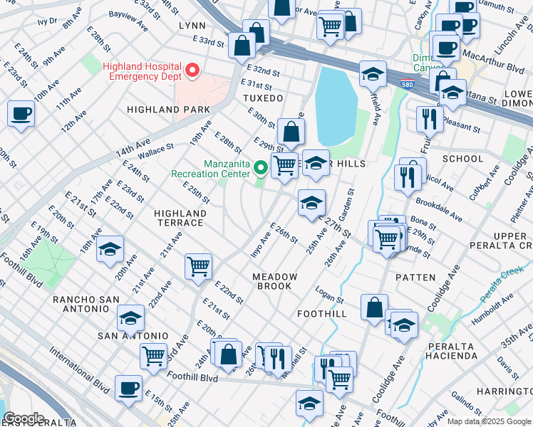 map of restaurants, bars, coffee shops, grocery stores, and more near 2611 23rd Avenue in Oakland