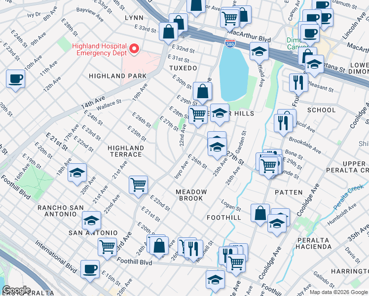 map of restaurants, bars, coffee shops, grocery stores, and more near 2607 23rd Avenue in Oakland