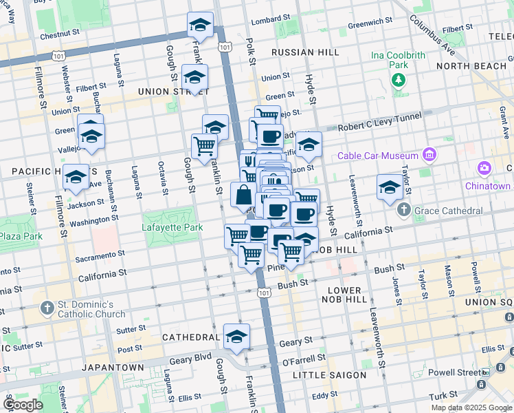 map of restaurants, bars, coffee shops, grocery stores, and more near 1800 Van Ness Avenue in San Francisco