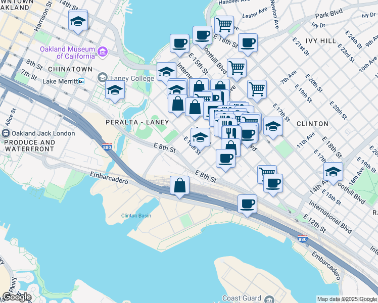 map of restaurants, bars, coffee shops, grocery stores, and more near 828 6th Avenue in Oakland