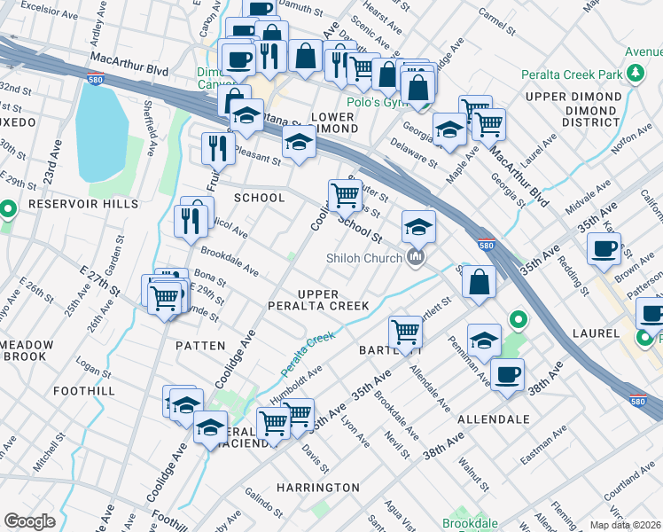 map of restaurants, bars, coffee shops, grocery stores, and more near 3034 Pleitner Avenue in Oakland