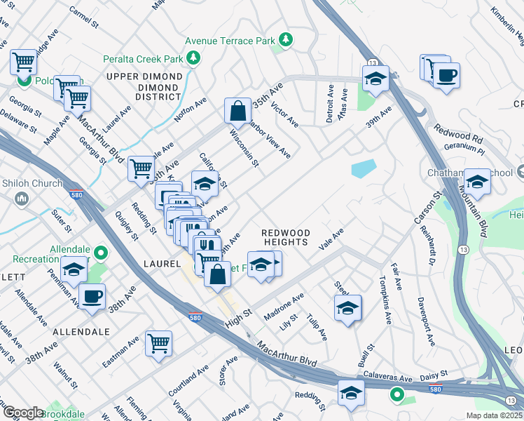 map of restaurants, bars, coffee shops, grocery stores, and more near 39th Avenue & Bayo Street in Oakland
