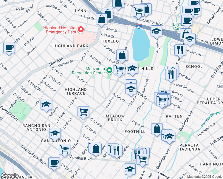 map of restaurants, bars, coffee shops, grocery stores, and more near 2607 23rd Ave in Oakland