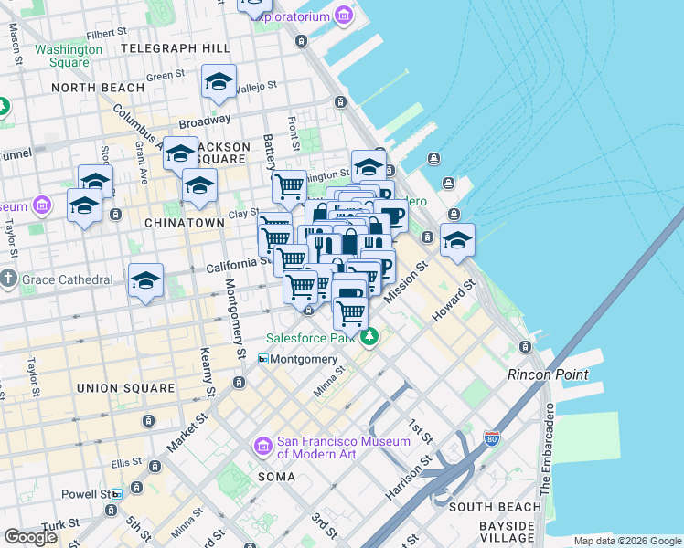 map of restaurants, bars, coffee shops, grocery stores, and more near 0 Pine Street in San Francisco