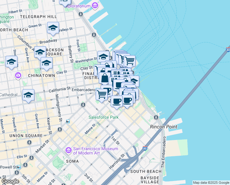 map of restaurants, bars, coffee shops, grocery stores, and more near 60 Spear Street in San Francisco