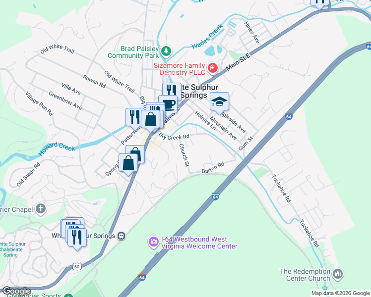 map of restaurants, bars, coffee shops, grocery stores, and more near 157 Church St in White Sulphur Springs